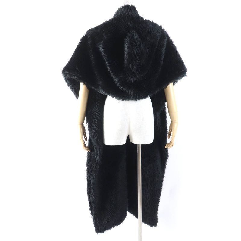 Balenciaga 719232 Faux Fur Large Shawl With Logo Tag And Hood Black 156 X 48cm