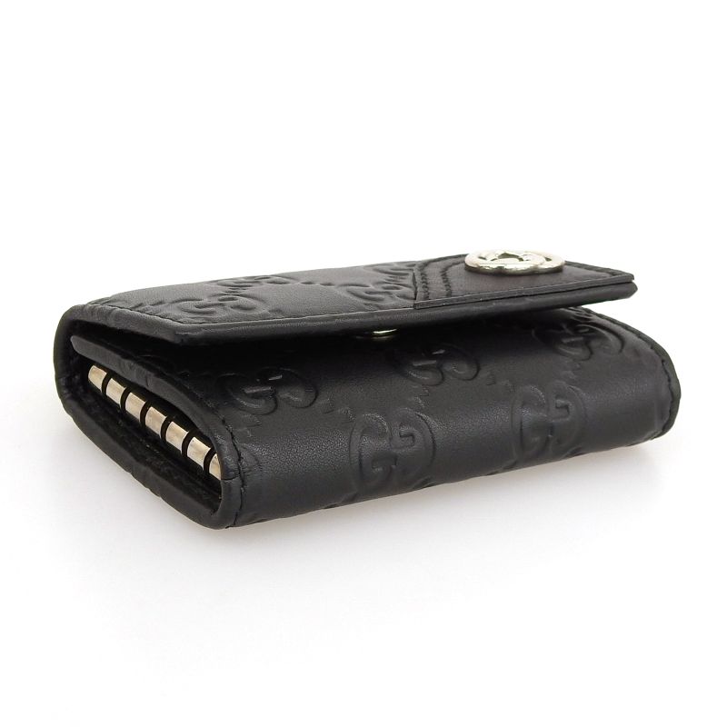 Gucci 181680 Guccissima Interlocking G 6-stack Leather Key Case Black Silver