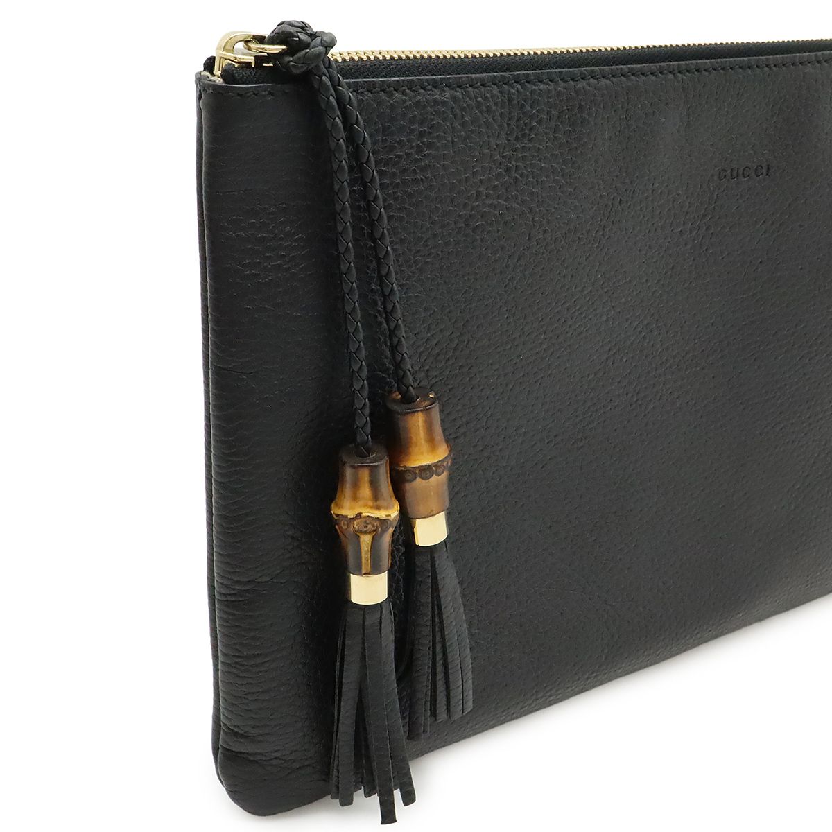Gucci Bamboo Tassel Clutch Bag Second Bag Leather Black Gold Hardware Outlet