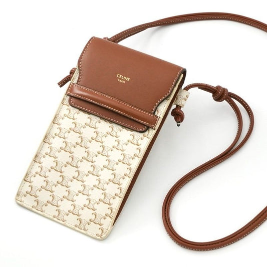 Celine Mobile Smartphone Accessories Leather Brown White Triomphe Logo Phone
