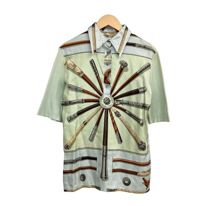 Hermes Short Sleeve Polo Shirt M Light Blue Light Green Silk Knit