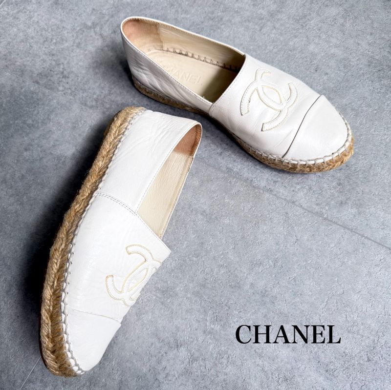 Chanel Espadrille Coco Mark Flat Shoes Leather White 37 24cm (9.45in) Women's