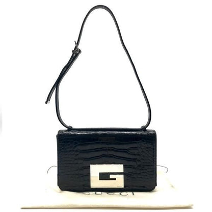 Gucci Croco Center Split Logo Shoulder Bag Black