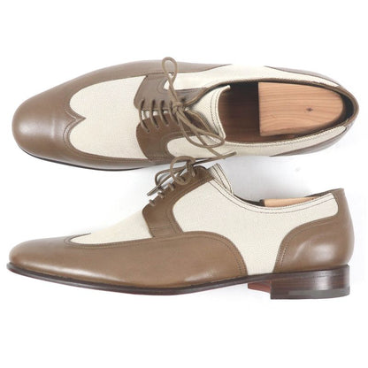 Hermes Wingtip Lace-up Canvas Leather Dress Shoes Brown 40.5 Made In France