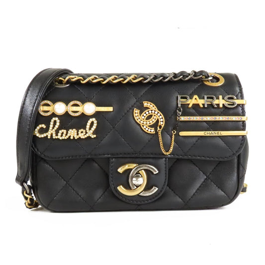 Chanel Clip Coco Black Gold Silver Lambskin Costume Pearl Chain Shoulder Bag
