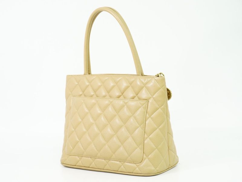 Authentic Chanel Coco Mark Revival Tote Handbag Caviar Skin Leather Beige Coco