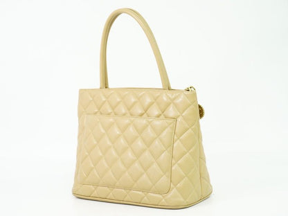 Authentic Chanel Coco Mark Revival Tote Handbag Caviar Skin Leather Beige Coco
