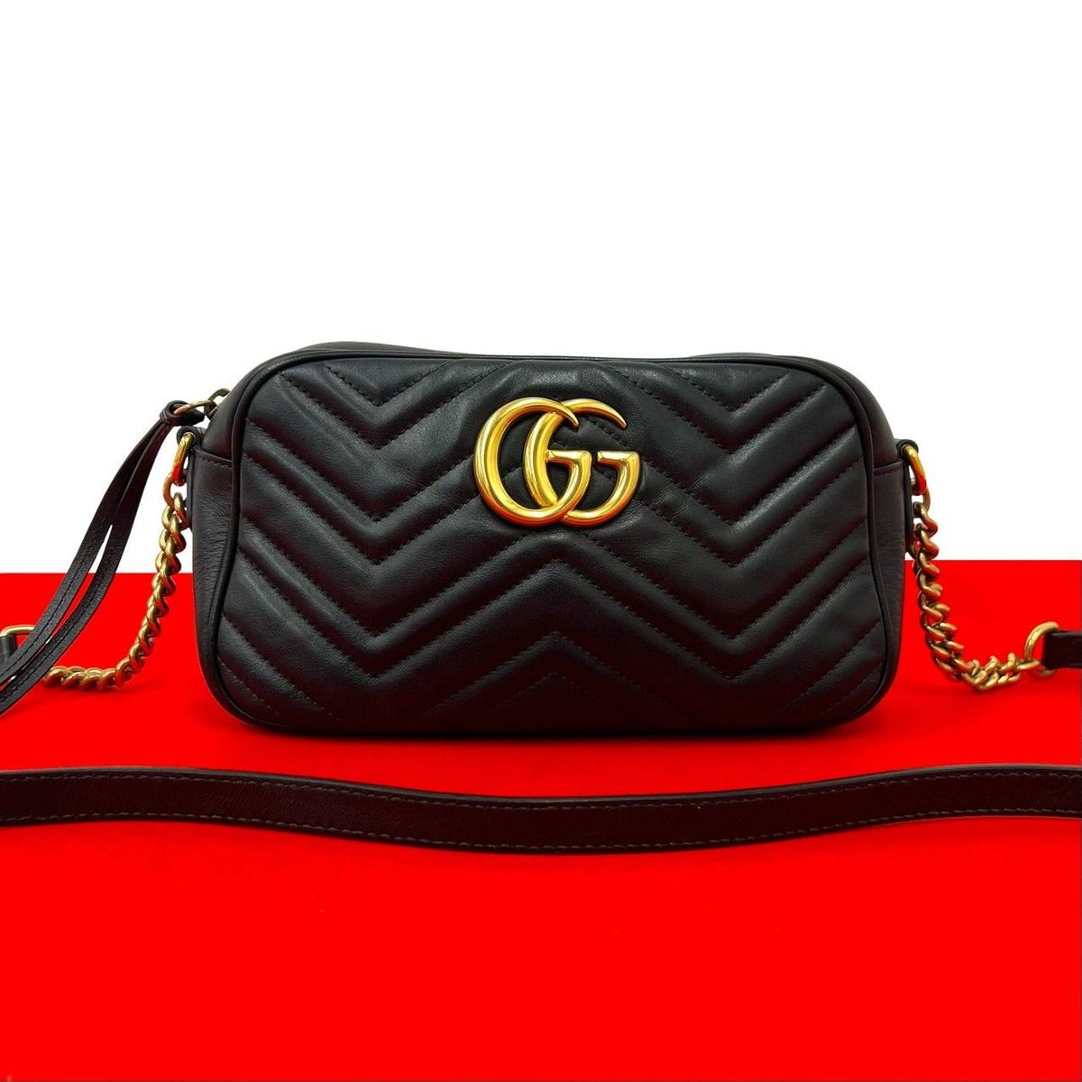 Gucci GG Marmont Logo Quilted Leather Chain Mini Shoulder Bag Pochette Black