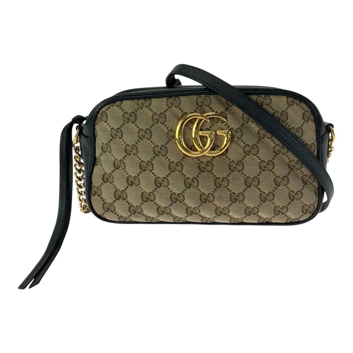 Gucci GG Marmont Brown Black Gold Canvas Leather Shoulder Bag Pochette