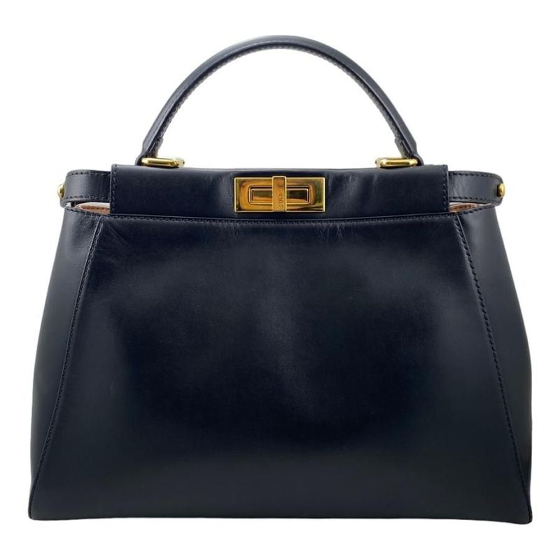 Fendi 8bn226 Peekaboo Medium Black Handbag Shoulder Bag Gold Hardware Used