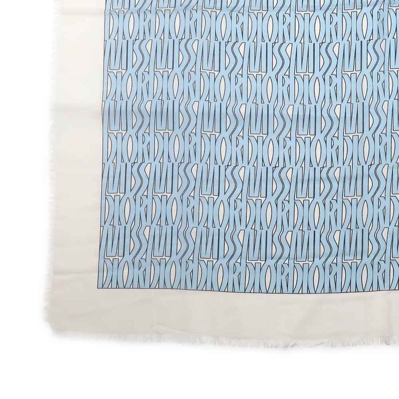 Dior Shawl Logo Light Blue Ivory Wool Cashmere Silk Large Shawl Fringe