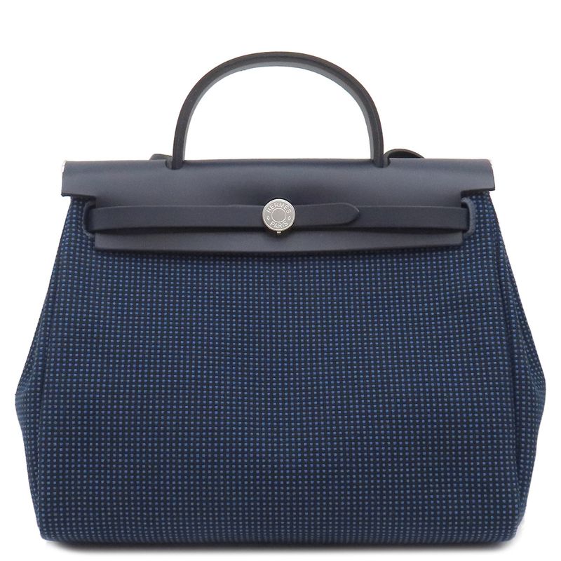 Hermes 2 Way Bag Herbag Her Bag Zip PM 31 Leather Toile Cadrille Blue Egée and