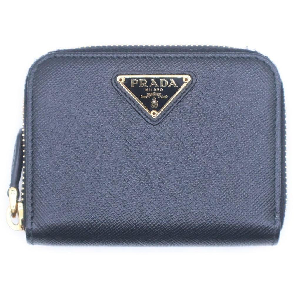 Prada Triangle Logo Coin Case Mini Wallet Black Saffiano Leather Gold