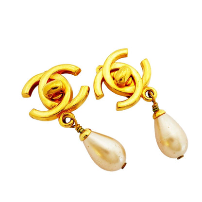 Chanel Earrings Vintage CC Logo Turnlock Gold Plated Faux Pearl — view 2