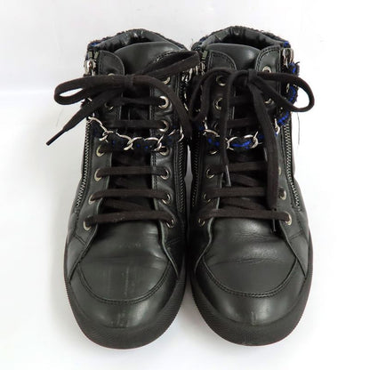 Chanel High Cut Sneakers Chain Double Zip 37 Coco Mark Black Leather
