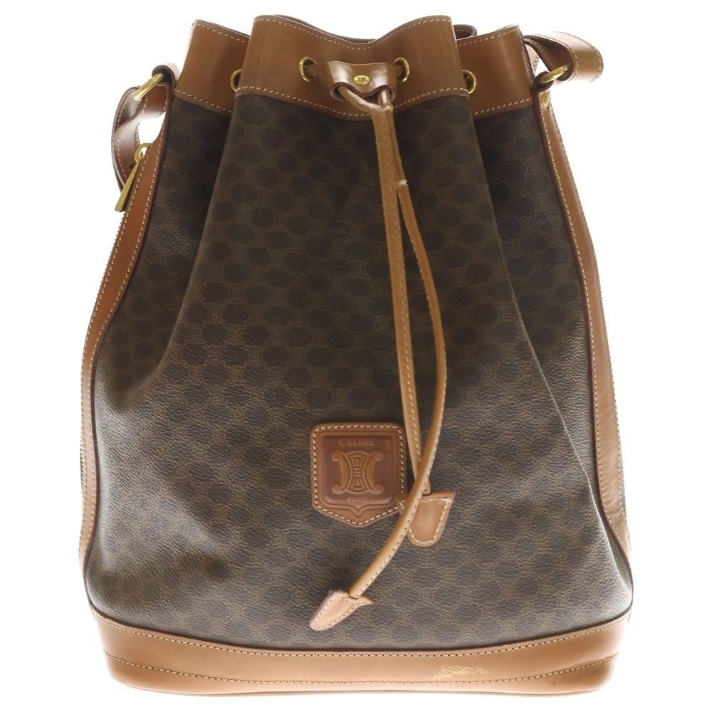 Celine Macadam Pattern Leather Drawstring Shoulder Bag Gold Brown