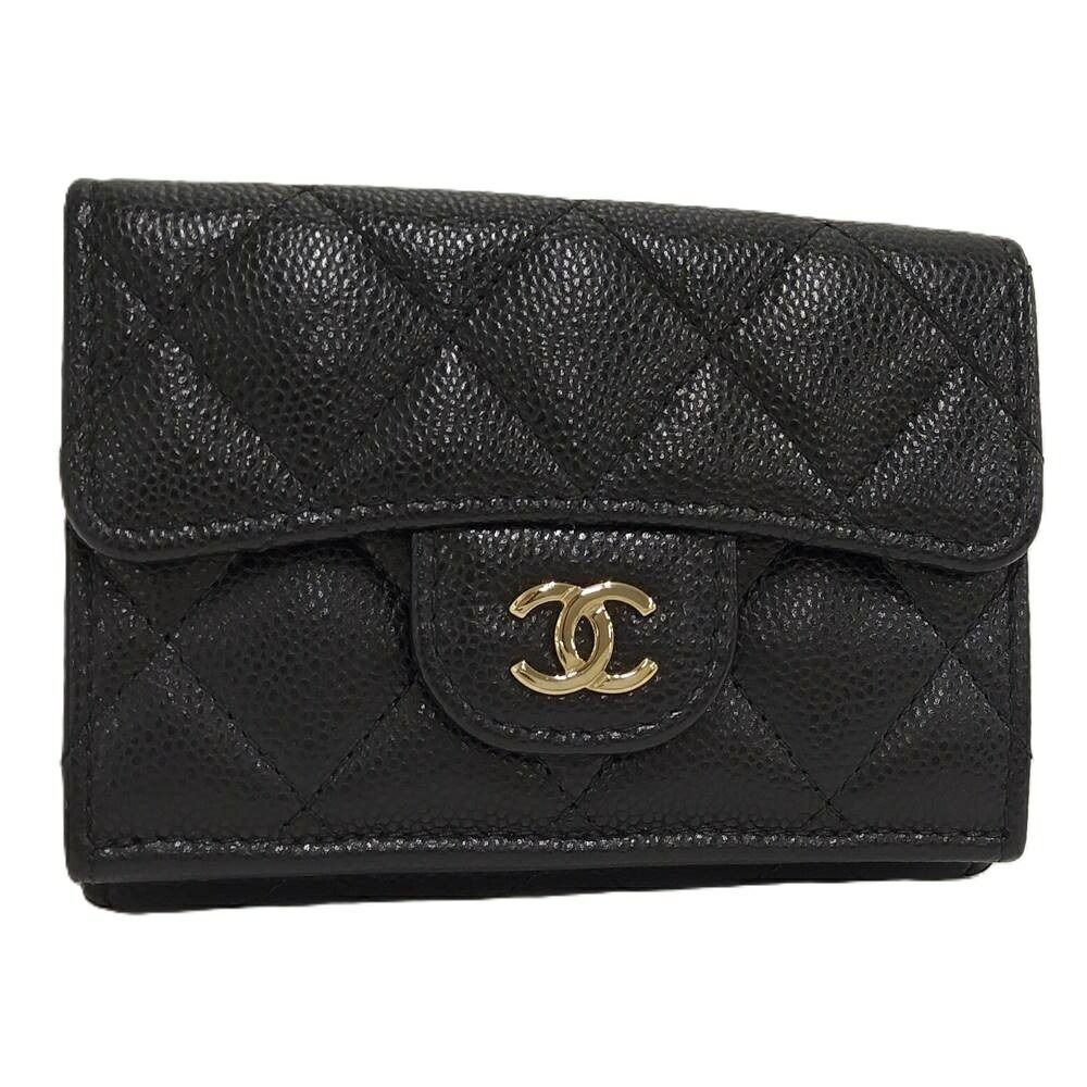 Chanel Classic Small Flap Wallet Trifold Caviar Leather Black Gold