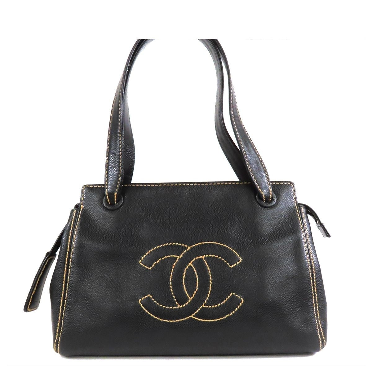 Chanel CC Logo Stitch Shoulder Bag Black Gold Caviar Leather