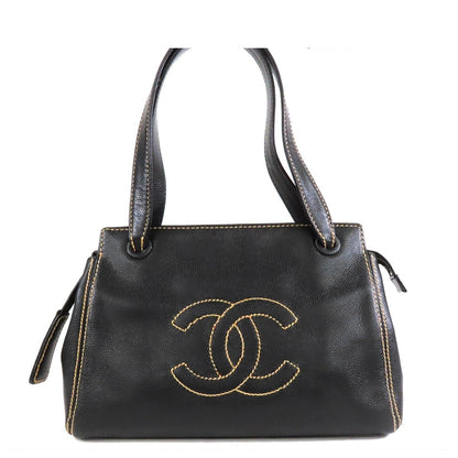 Chanel CC Logo Stitch Shoulder Bag Black Gold Caviar Leather