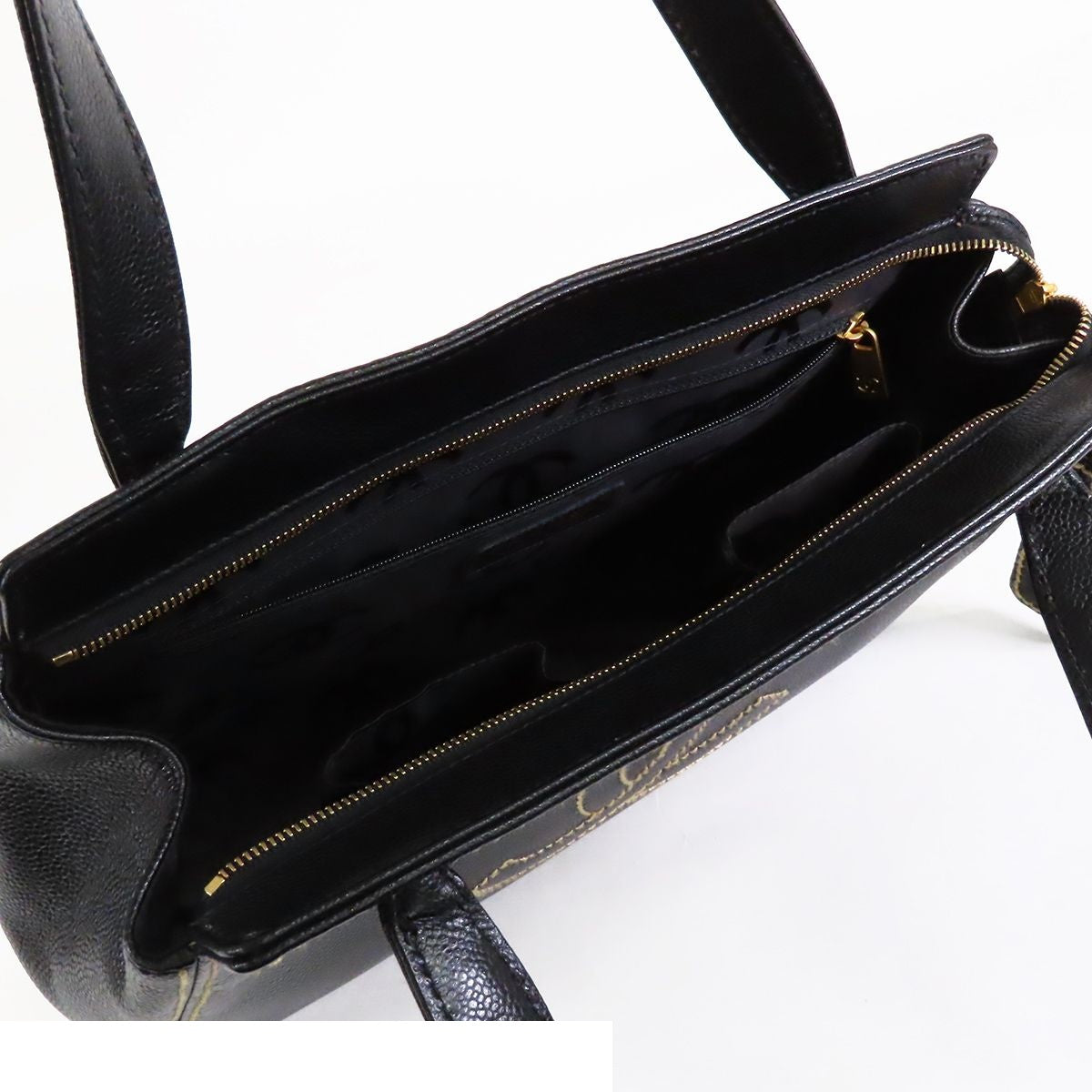 Chanel CC Logo Stitch Shoulder Bag Black Gold Caviar Leather — view 5