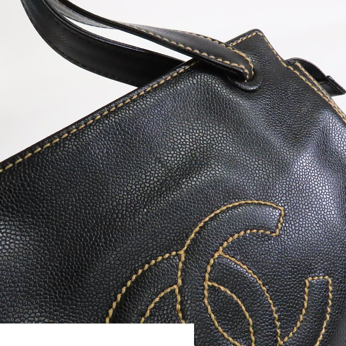 Chanel CC Logo Stitch Shoulder Bag Black Gold Caviar Leather — view 6