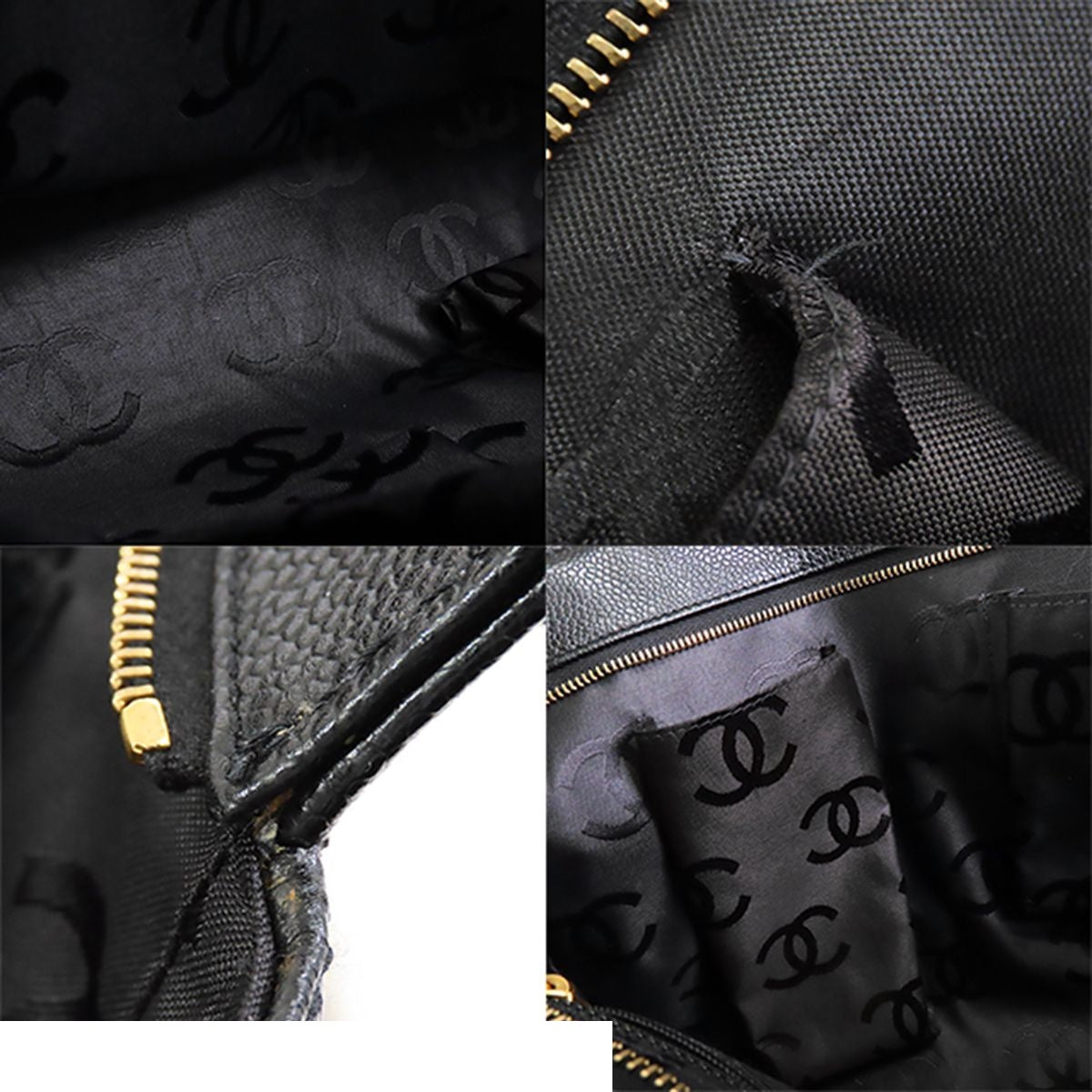 Chanel CC Logo Stitch Shoulder Bag Black Gold Caviar Leather — view 8