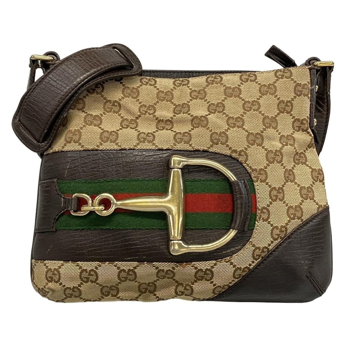 Gucci Shoulder Bag GG Pattern Horsebit Sherry Dark Brown Beige Multi Leather