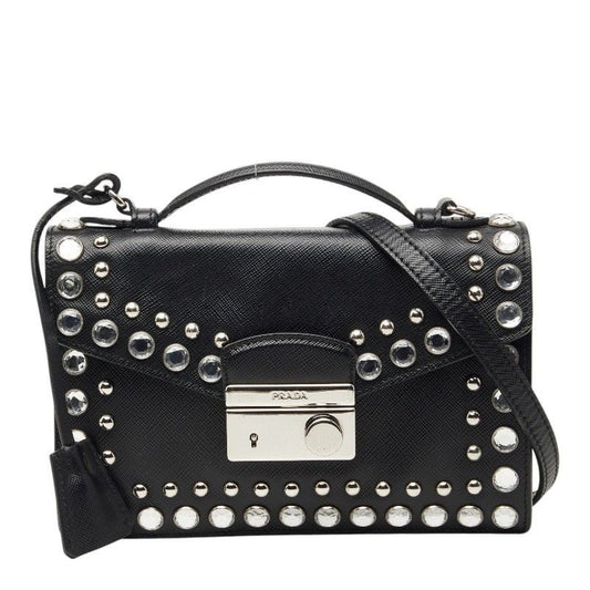 Prada Studded 2-Way Shoulder Bag Black Saffiano Leather Visual