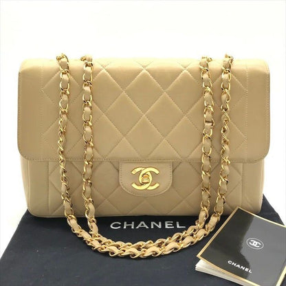 Chanel CC Logo Quilted Lambskin Straight Flap Beige Chain Shoulder Bag