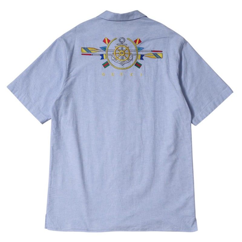 Gucci Short Sleeve Shirt Size 46 Open Collar Cotton Embroidered Blue Made In