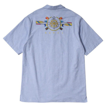 Gucci Short Sleeve Shirt Size 46 Open Collar Cotton Embroidered Blue Made In