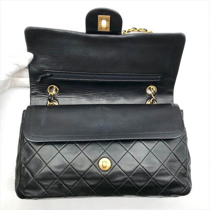 Chanel CC Logo Quilted 25 Double Flap Chain Lambskin Shoulder Bag Black