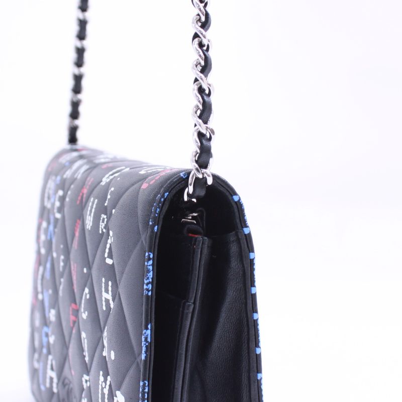 Chanel Typography Chain Wallet Leather Black Multicolor Shoulder Bag Silver