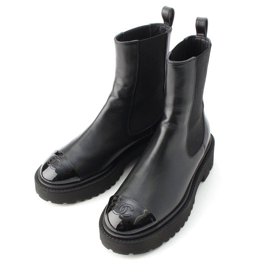 Chanel Leather Patent Side Gore Short Boots Chelsea CC Logo Black 37