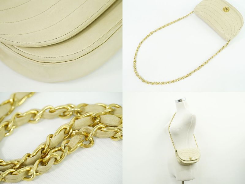 Authentic Chanel Coco Mark Chain Shoulder Bag Pochette Lambskin Leather Beige