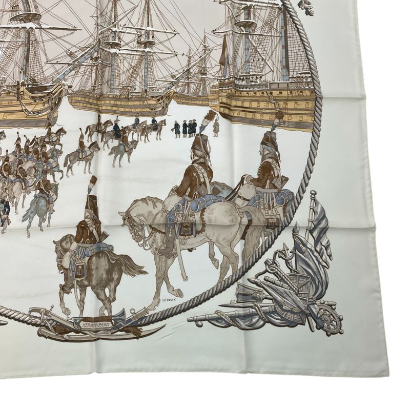 Hermes Scarf Silk Carre 90 Marine ET Cavalerie Sea And Cavalry White