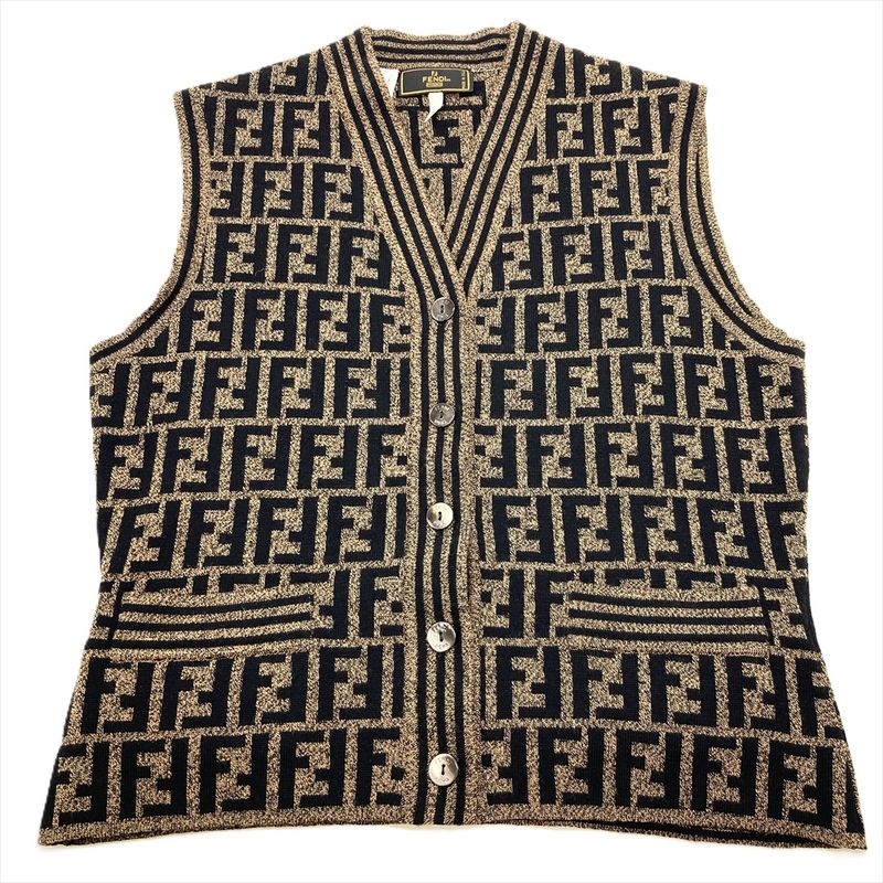 Fendi Knit Vest Wool Zucca Pattern Black And Brown Logo Women