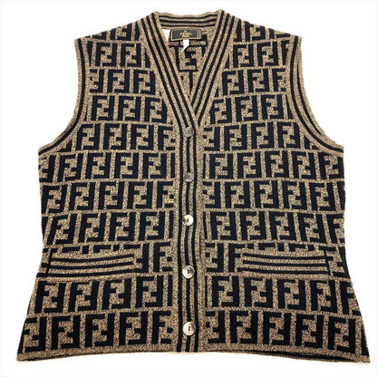 Fendi Knit Vest Wool Zucca Pattern Black And Brown Logo Women