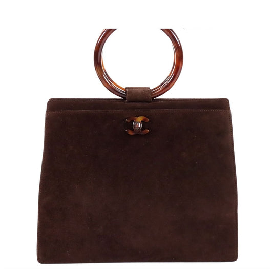 Chanel CC Logo Plastic Handle Handbag Brown Suede