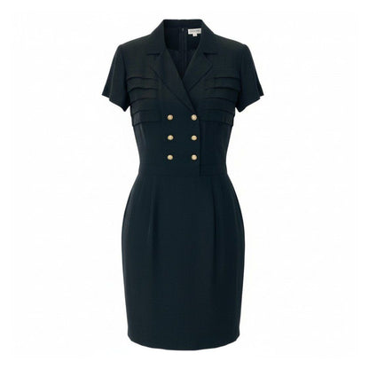 Chanel C Vintage Silk Dress Double Buttons Gold 36 Sizes Black
