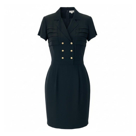Chanel C Vintage Silk Dress Double Buttons Gold 36 Sizes Black