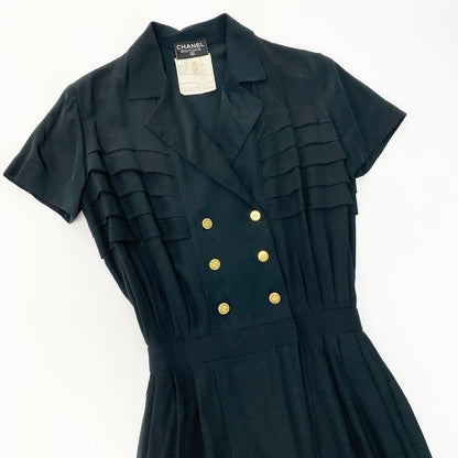 Chanel C Vintage Silk Dress Double Buttons Gold 36 Sizes Black — view 3