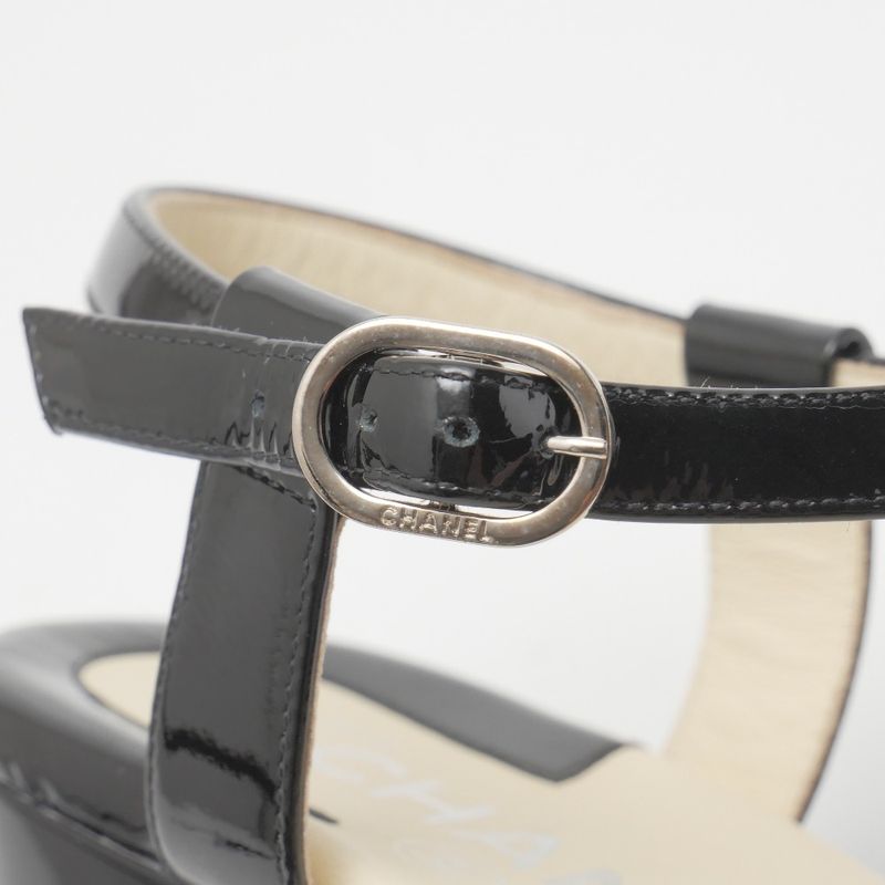 Chanel Sandals Size 35 Camellia CC Logo Coco Mark Patent Enamel Leather Ankle