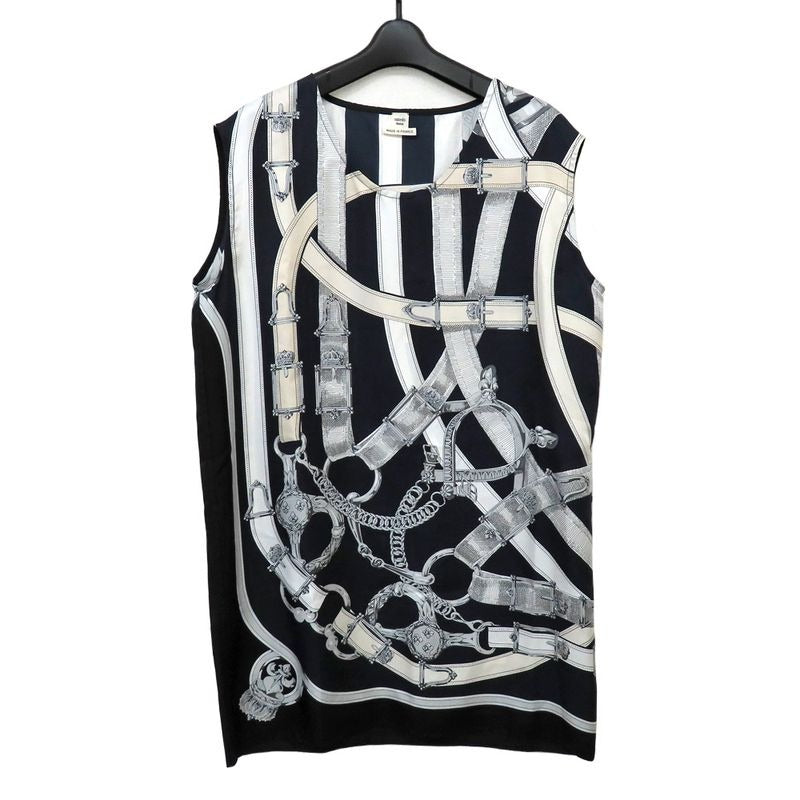 Hermes Sleeveless Top Silk Belt Pattern 36 Navy Black Apparel