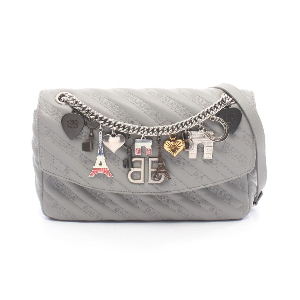 Balenciaga Shoulder Bag BB Round Gray Leather Chain