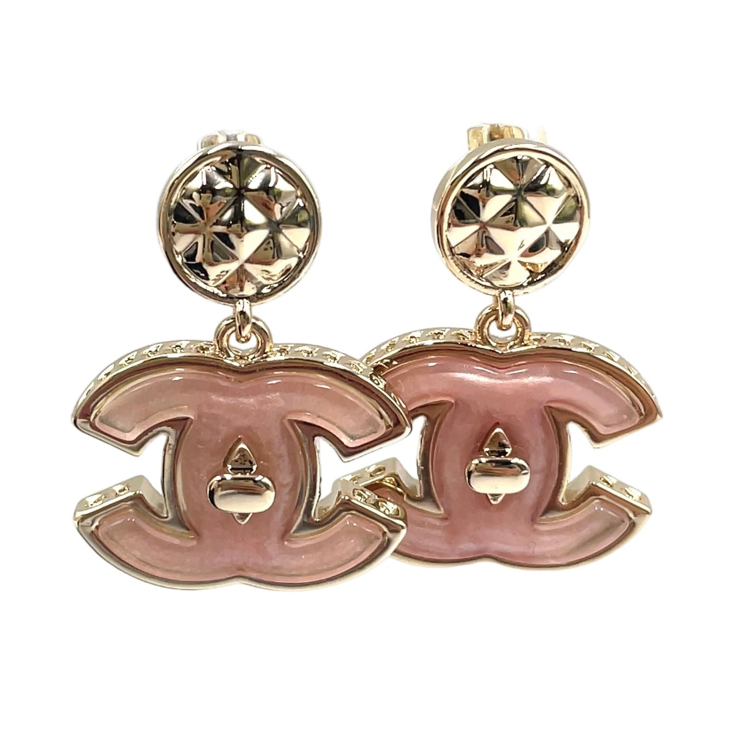 Chanel CC Logo Swing Metal Resin Gold Pink Earrings
