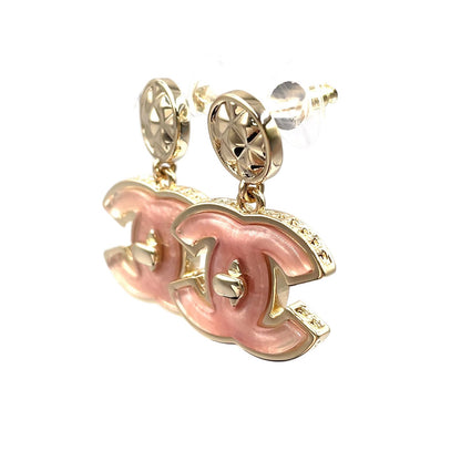 Chanel CC Logo Swing Metal Resin Gold Pink Earrings — view 2