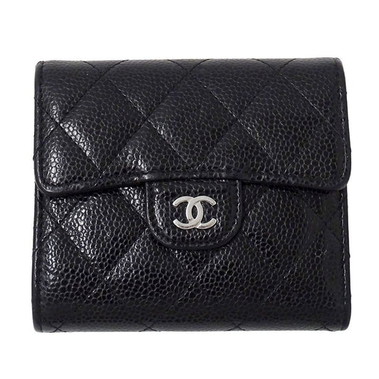 Chanel Wallet Quilted Classic Bifold Caviar Leather Black Silver