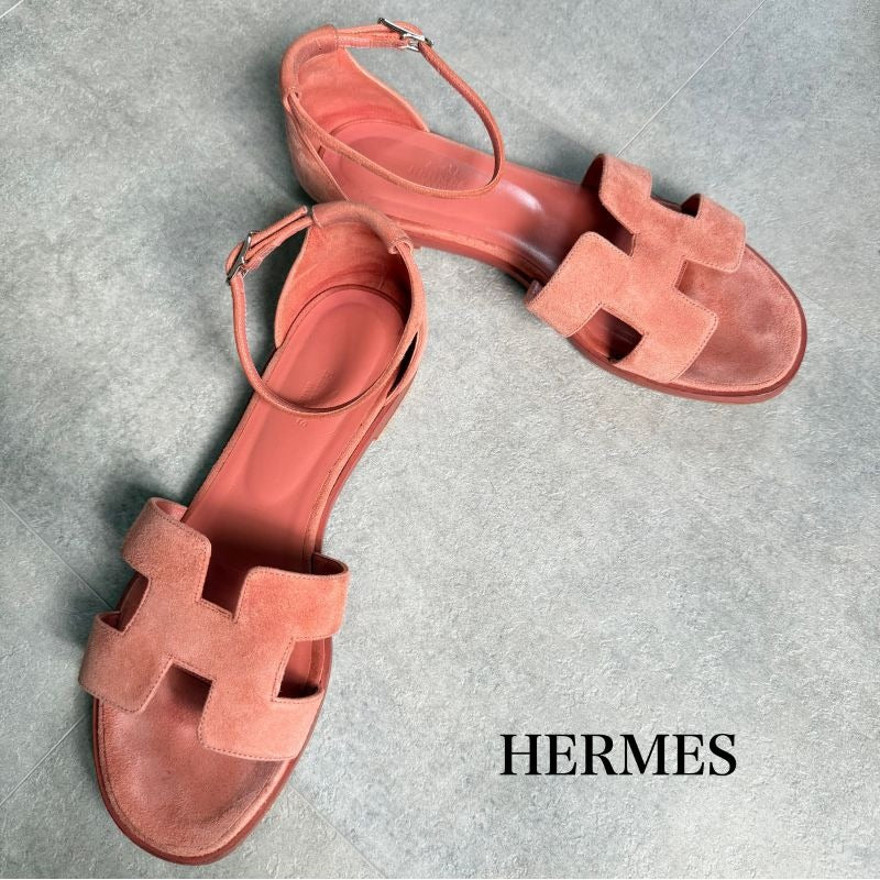 Hermes Santoni Strap Sandals Flat Shoes Coral Orange Suedeleather 38