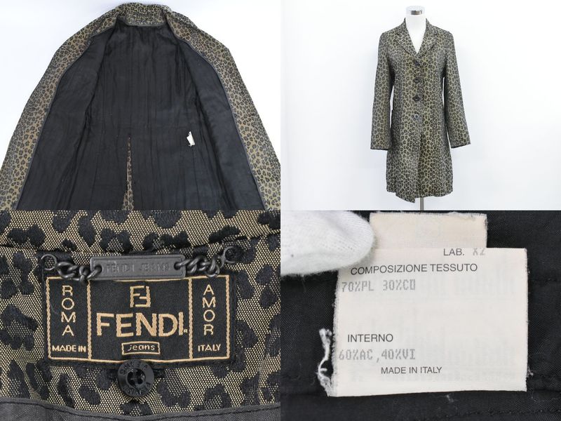 Authentic Fendi Leopard Print Half Coat Jacket 38 Polyester Cotton Khaki Black